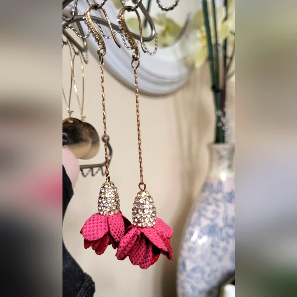 Elegant Gold Rhinestone Pink/Maroon Fabric Flower Drop Earrings